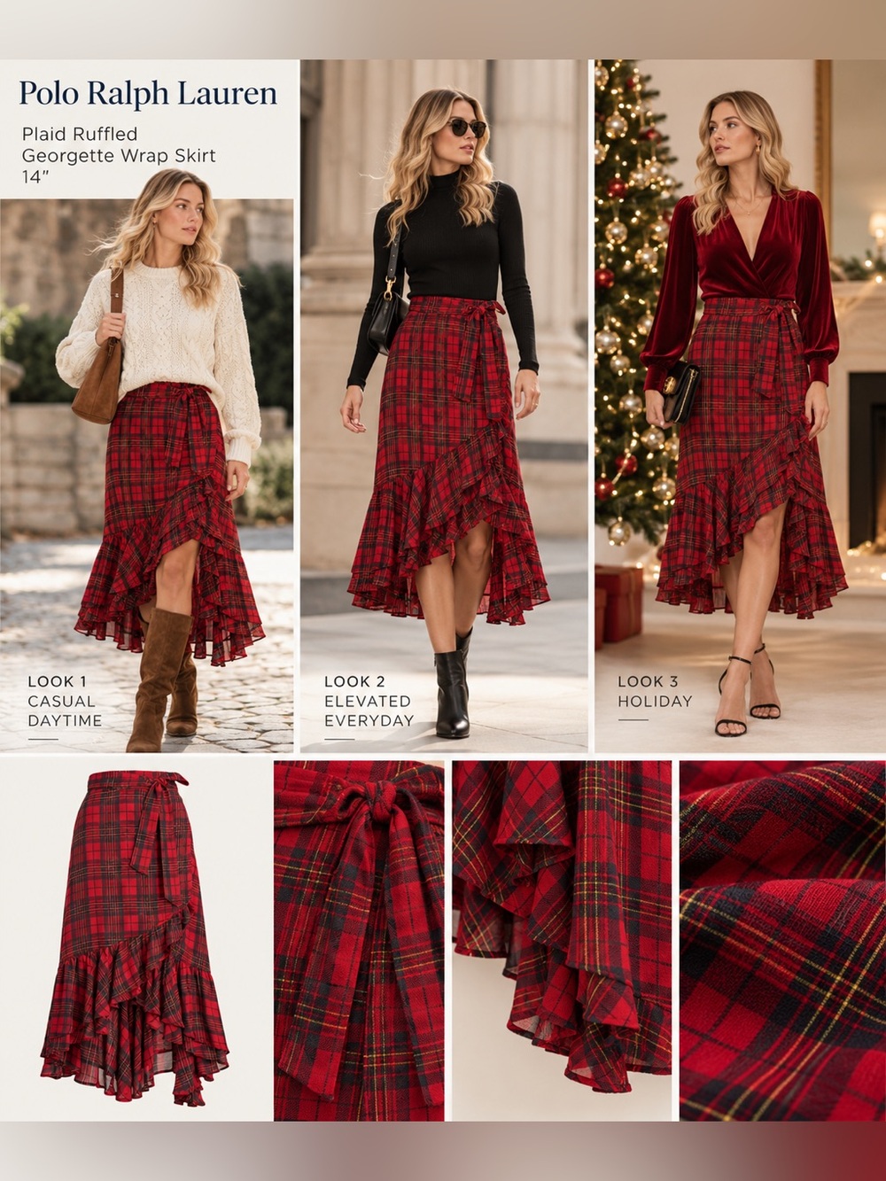 Polo by Ralph Lauren Plaid Ruffled Georgette Wrap Skirt 14